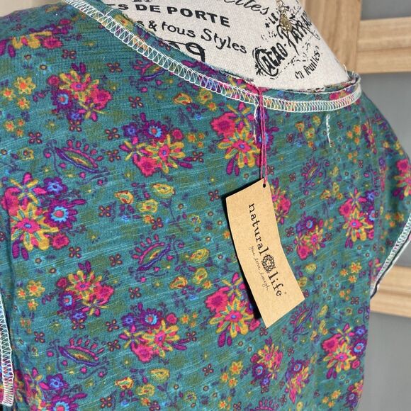 Natural Life Bohemian Fall Hangout Cotton Midi Dress Green Floral Pocket M NWT - Picture 8 of 12